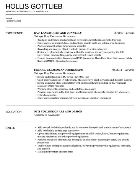 Electronics Technician Resume Examples & Samples for .